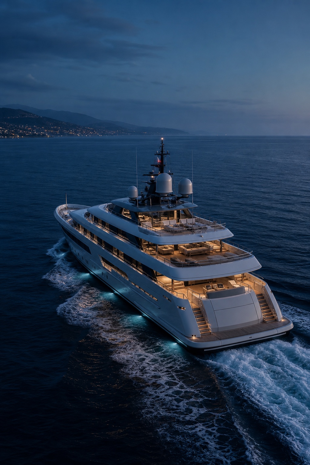 Modern superyacht underway at blue hour with illuminated bridge and communications systems